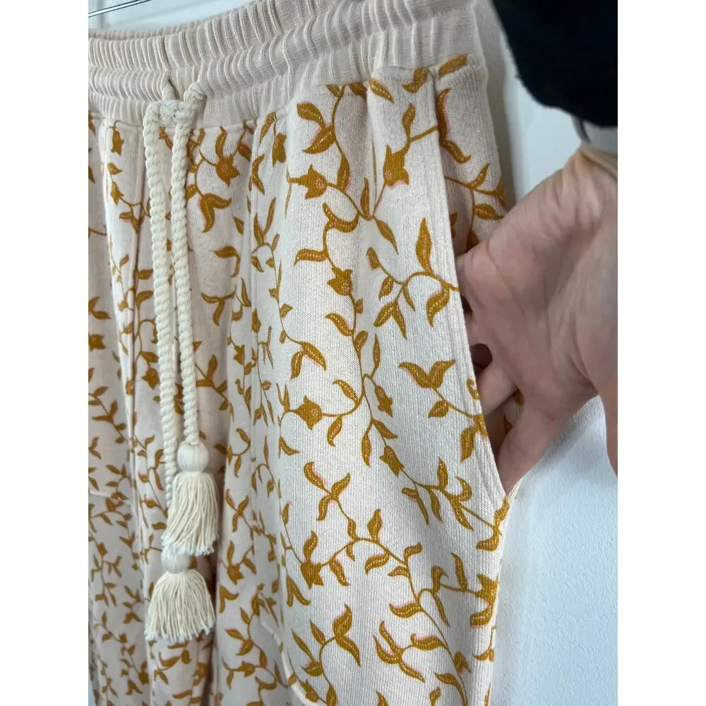 ULLA JOHNSON Cream Brown Drawstring Waist Floral Rose Charley Pant Size L NEW